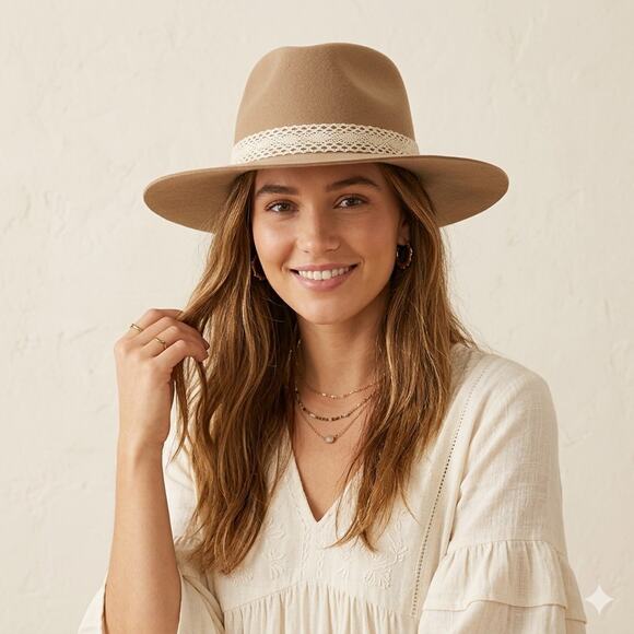 WYETH Anthropologie Wool Rancher Hat Wide Brim Fedora Tan Crochet Lace Band Boho main image 5